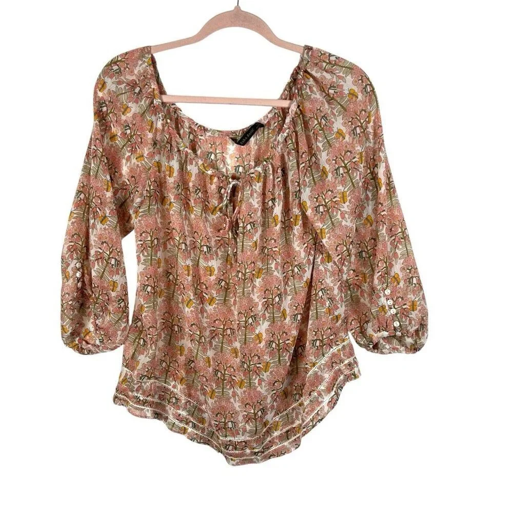 Zara Basic Floral Butterfly Blouse Women's Size Small Pink Boho Peasant Crochet‎